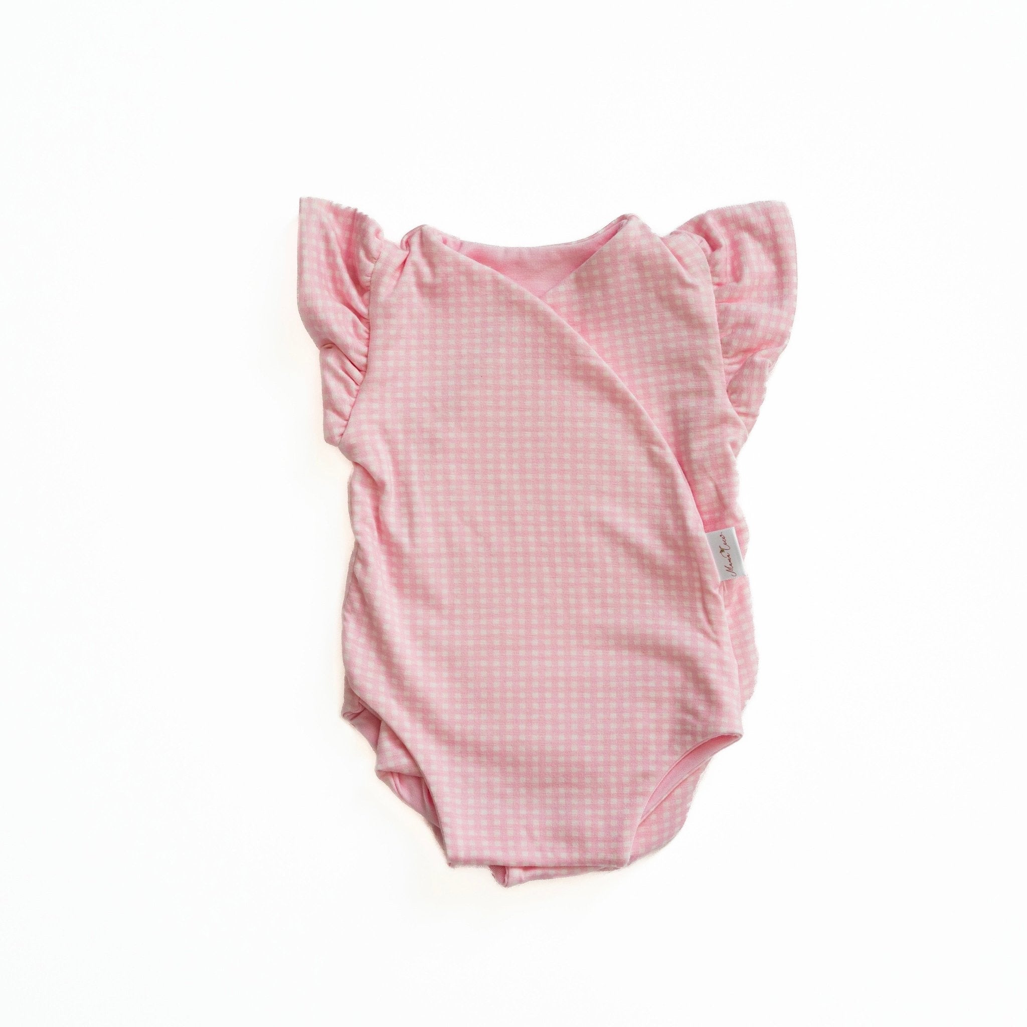Silky modal flutter sleeve newborn winged bodysuit in Baby Pink Gingham design.