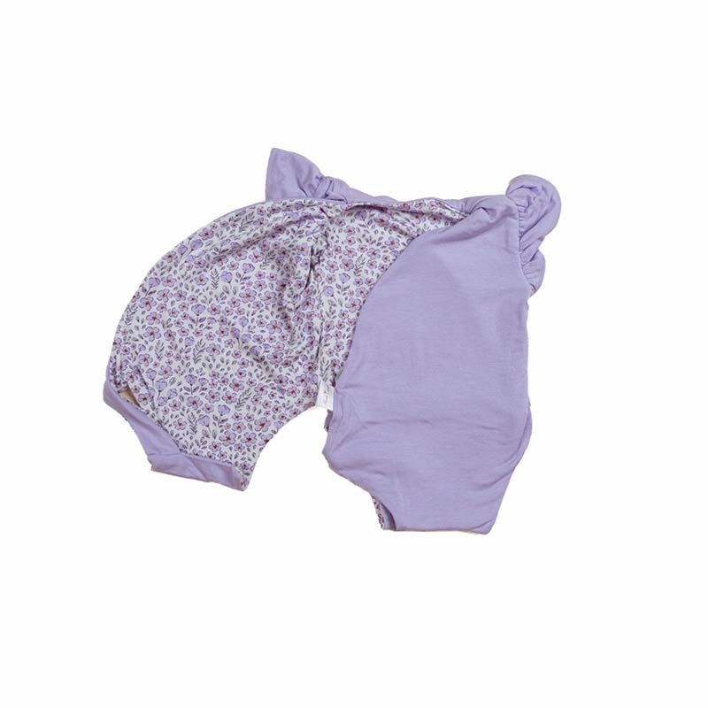 Purple Posies design flutter sleeve winged bodysuit for babies in silky modal fabric.