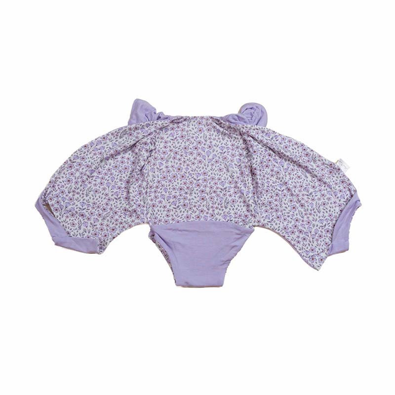 Purple Posies design flutter sleeve winged bodysuit for babies in silky modal fabric.