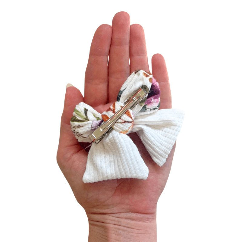 Boutique baby headband and bow clip in Ivory Wildflowers Classic Brushed fabric.