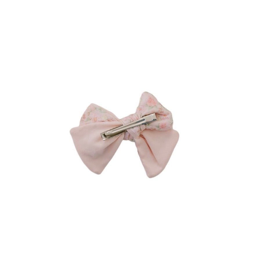 Elegant Dusty Roses baby bow headband with matching hair accessory clip.
