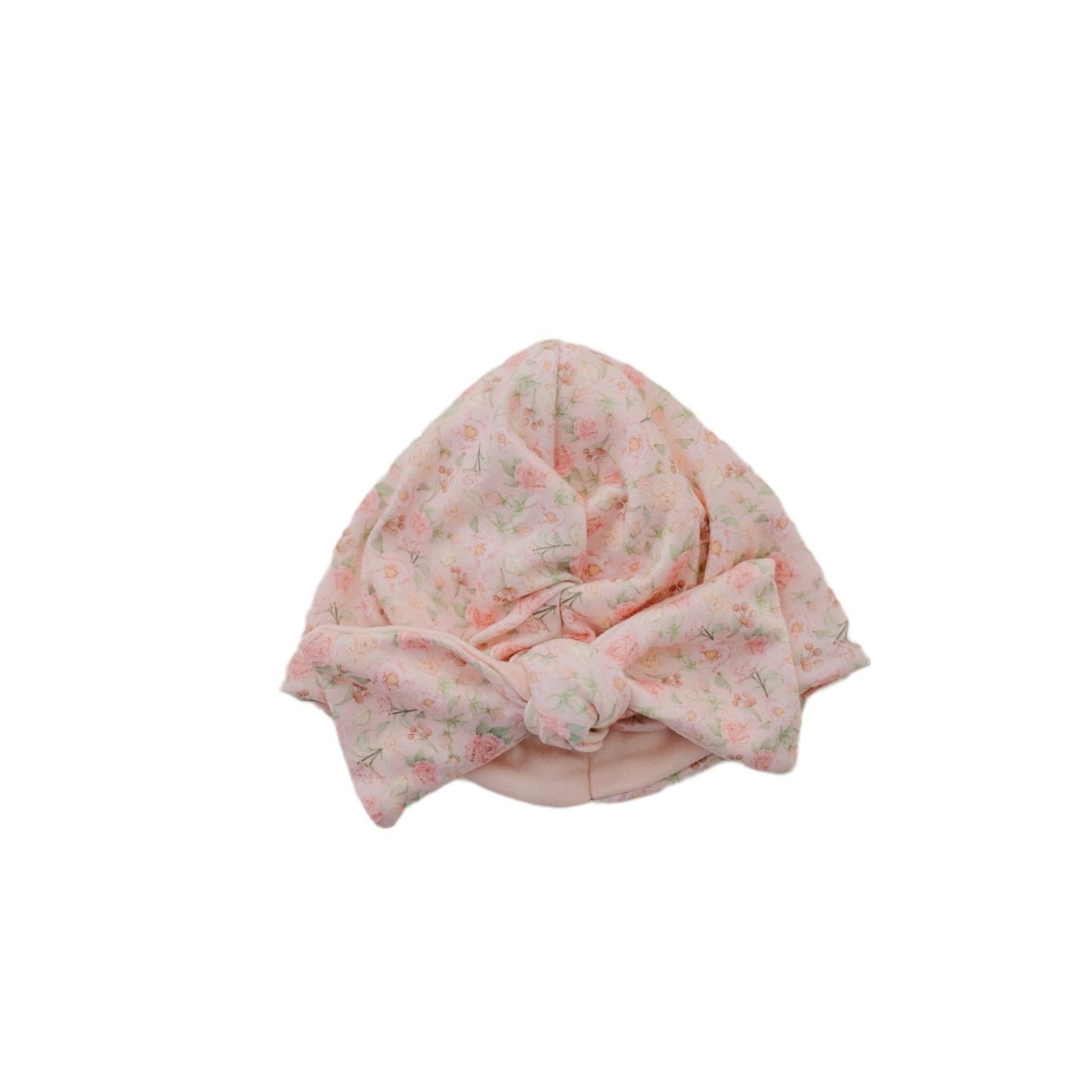 Cozy ruched beanie with bow for babies featuring the gentle Dusty Roses print.
