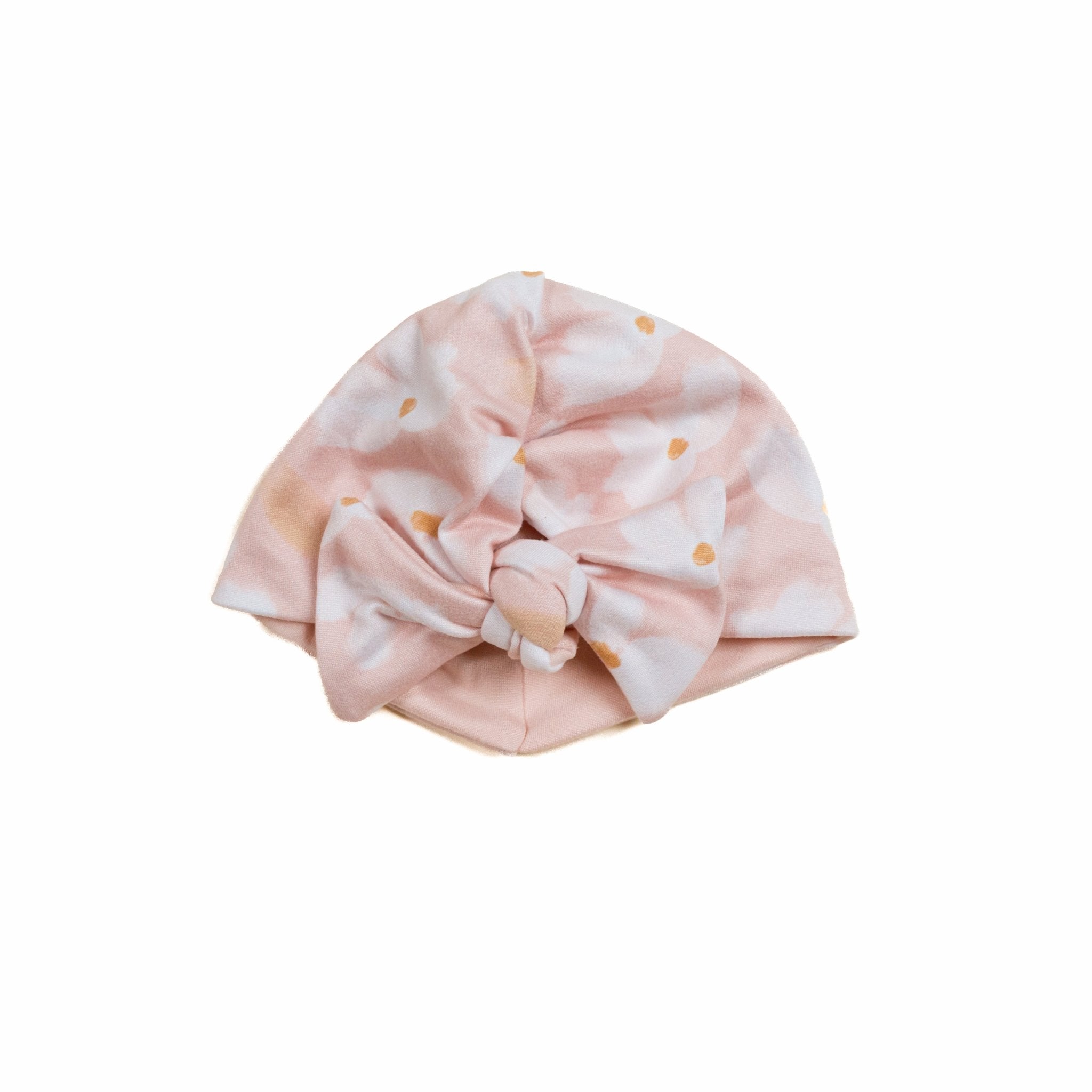Comfortable Dusty Roses ruched baby beanie with bow crafted from classic brushed fabric.