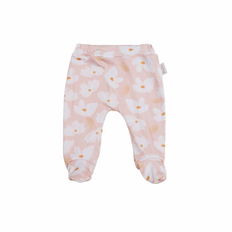 Baby footie pants crafted from a soft bamboo cotton fabric featuring the Sweet Lily print.