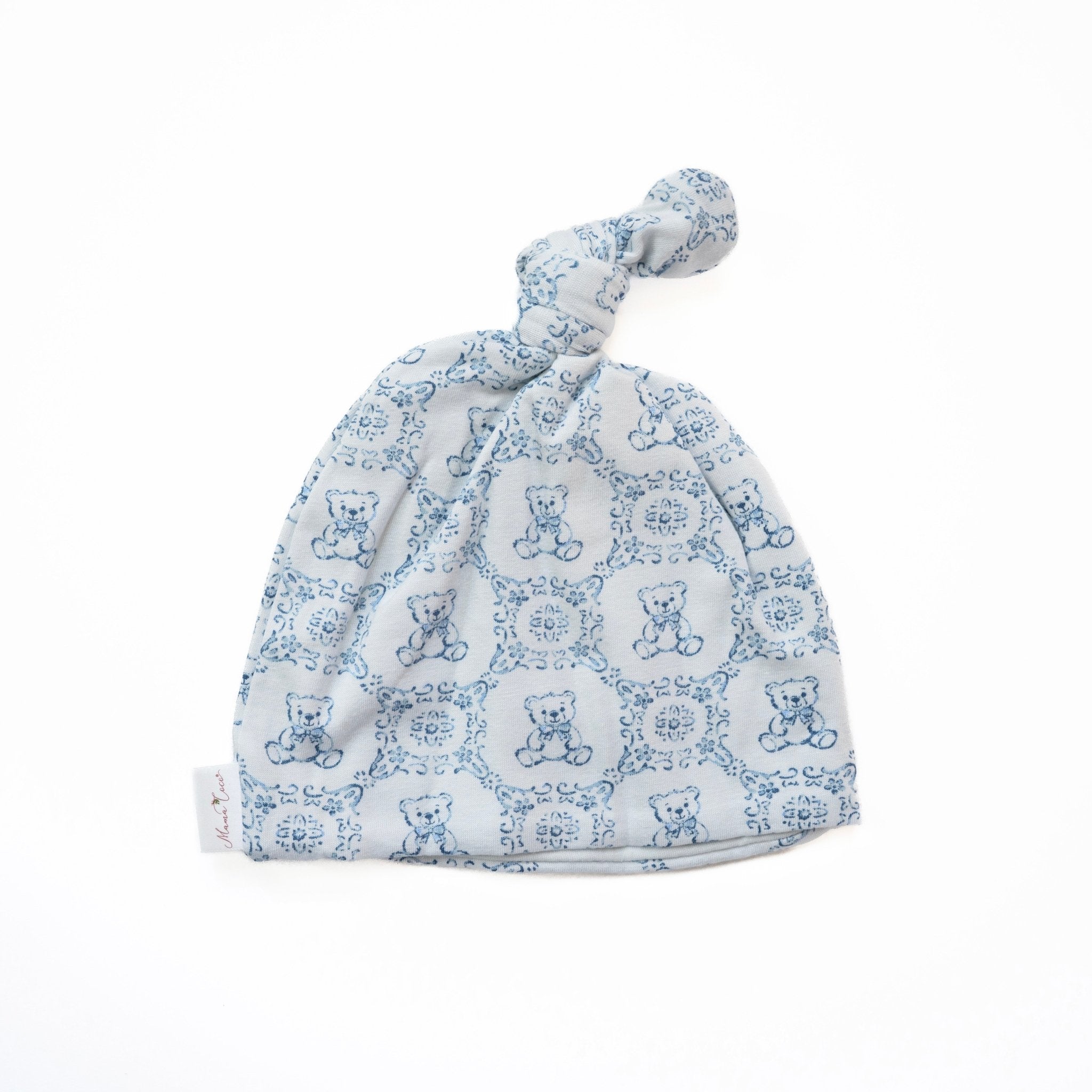 Bamboo cotton baby knotty beanie in teddy tiles design.