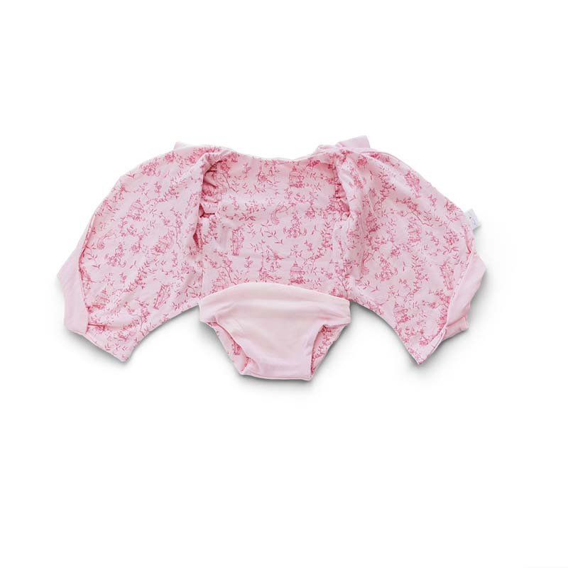 Reversible flutter sleeve winged bodysuit for babies in whimsical garden design.