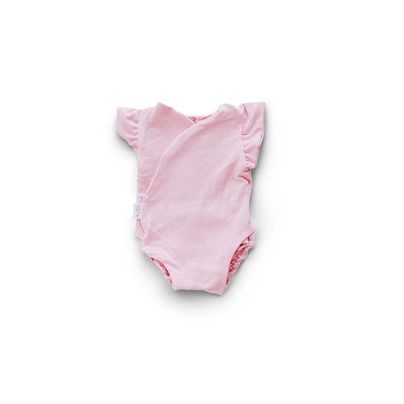 Reversible flutter sleeve winged bodysuit for babies in whimsical garden design.