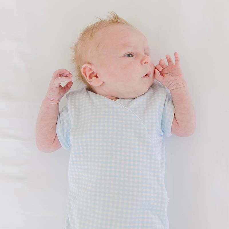 Baby Blue Gingham design baby winged bodysuit in silky modal fabric.