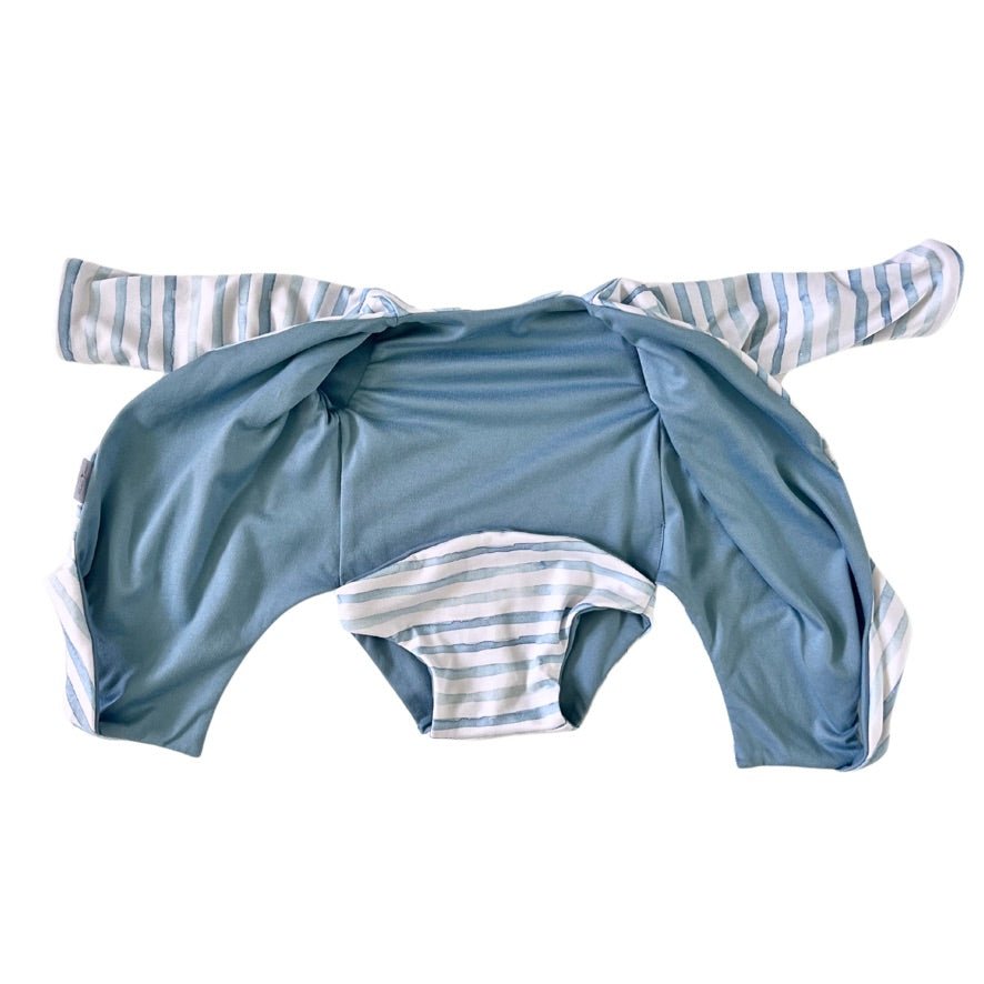 Reversible baby winged bodysuit in Chambray Waves design.