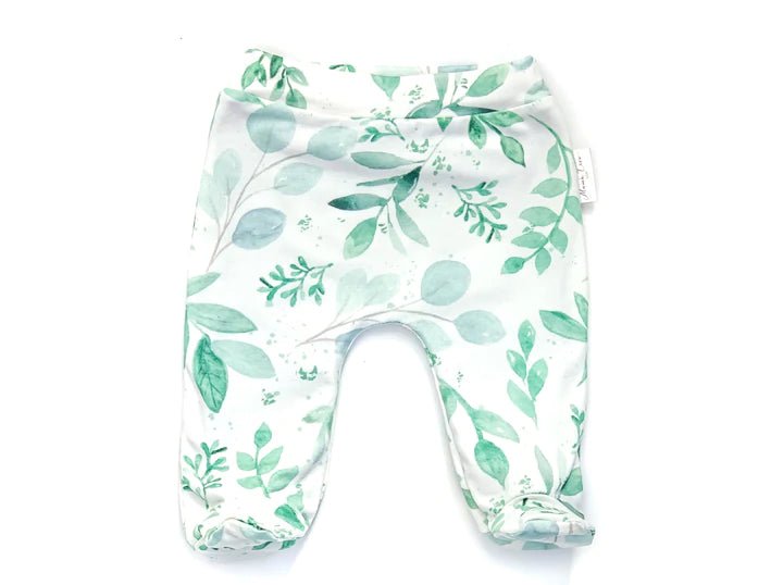 Soft and gentle baby footie pants made from bamboo cotton fabric in the Saged Eucalyptus design.