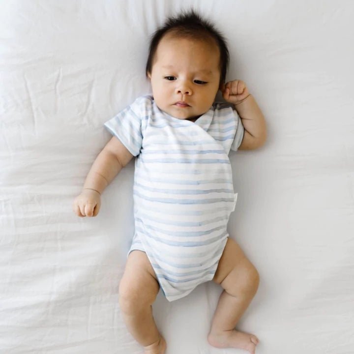 Reversible short-sleeve onesie outfit bundle in chambray waves design.