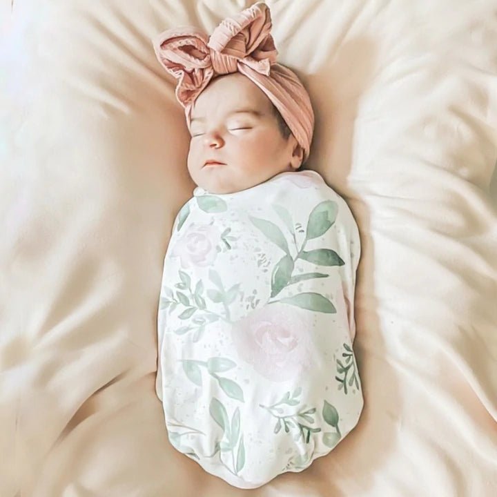 Blushing Eucalyptus design baby cocoon swaddle.