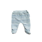 Baby footie pants crafted from a soft bamboo cotton fabric featuring the Chambray Waves design.