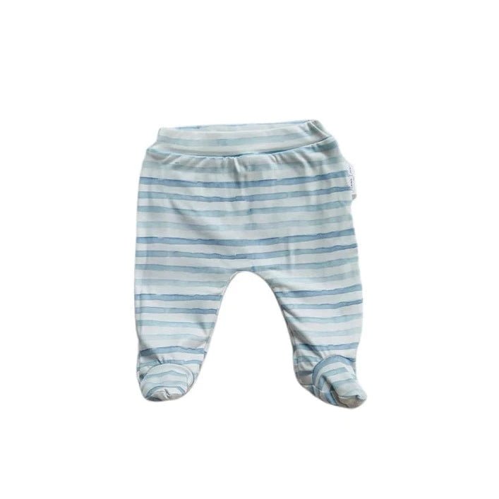 Baby footie pants crafted from a soft bamboo cotton fabric featuring the Chambray Waves design.