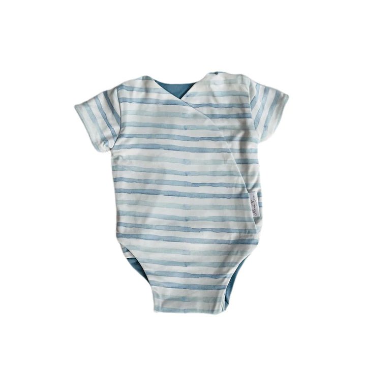 Soft classic brushed short-sleeve winged bodysuit in the Chambray Waves design for comfortable everyday wear.