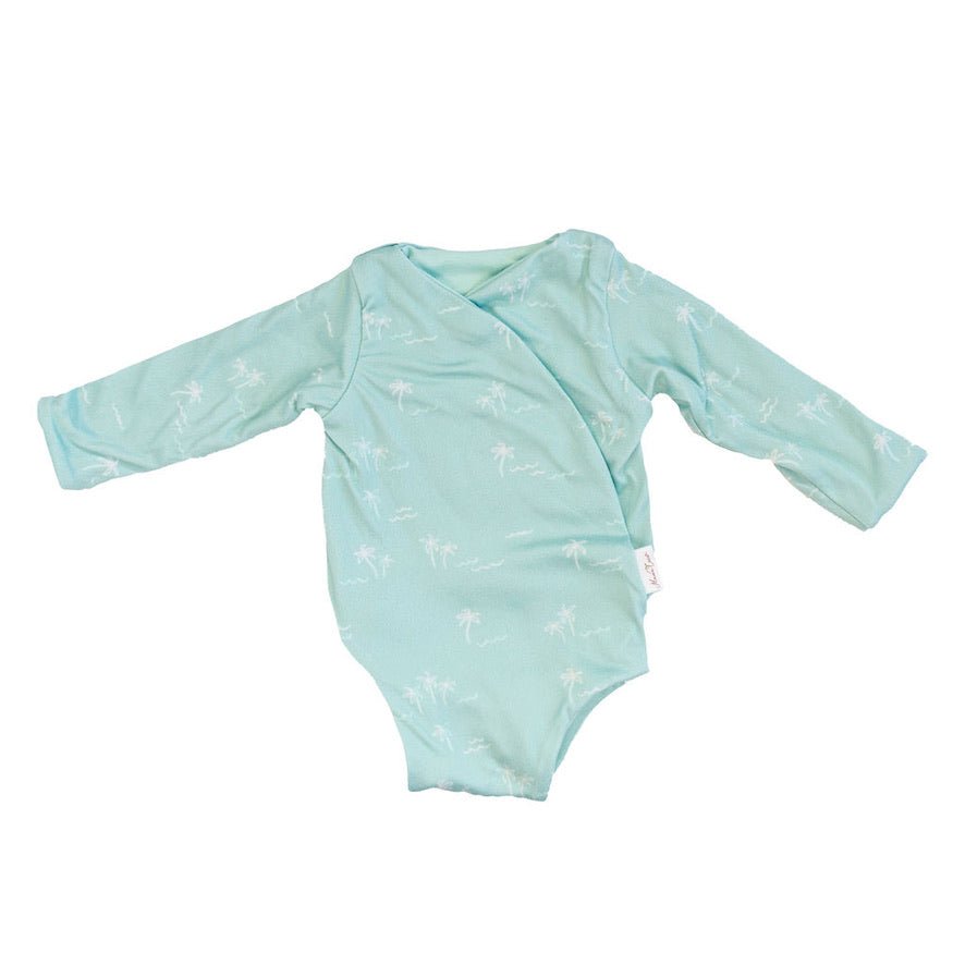 Honeydew Palms design winged bodysuit for babies in classic brushed fabric.