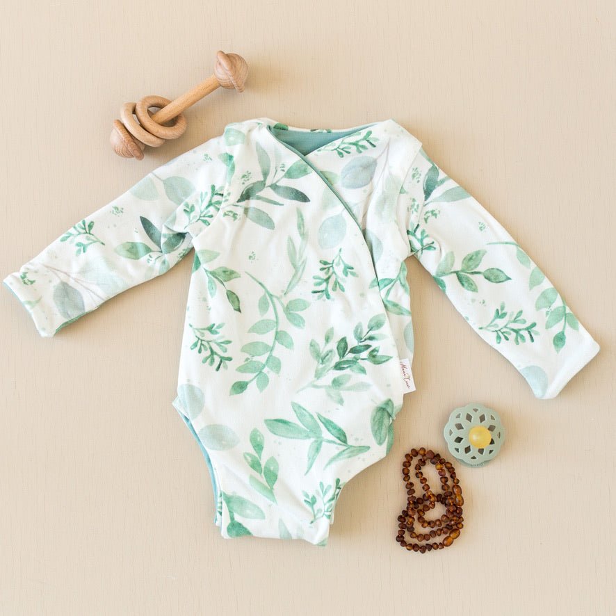 Saged Eucalyptus design winged bodysuit for babies in classic brushed fabric.