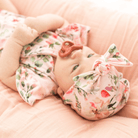 Soft classic brushed ruched baby beanie with bow in the Peachy Rose Fields design for newborn comfort.