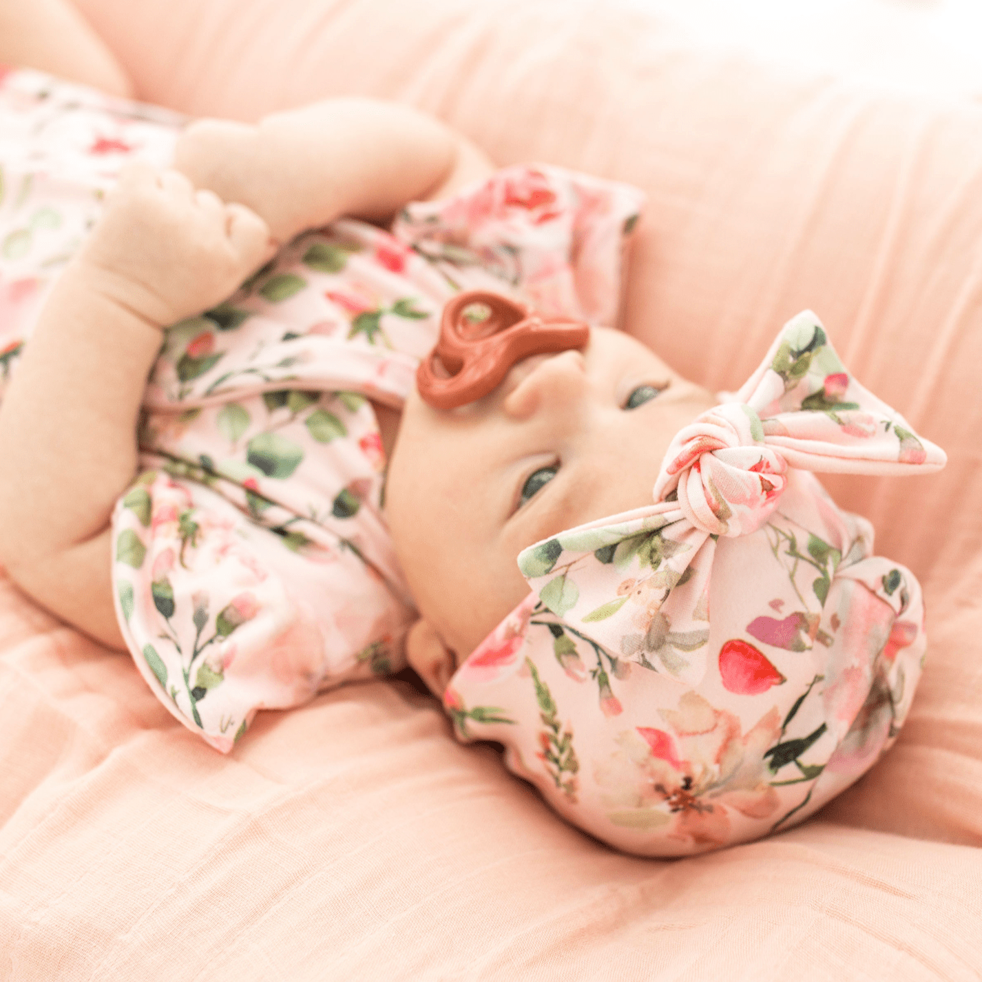 Soft classic brushed ruched baby beanie with bow in the Peachy Rose Fields design for newborn comfort.