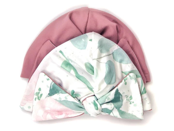 Soft classic brushed ruched baby beanie with bow in the Blushing Eucalyptus design for newborn comfort.