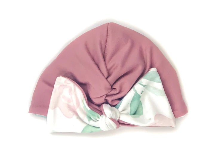 Reversible ruched beanie with bow for babies in Blushing Eucalyptus with a soft fit.
