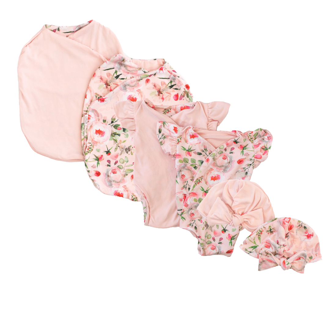 Newborn essentials bundle with flutter sleeves in classic brushed fabric with peachy rose fields design.
