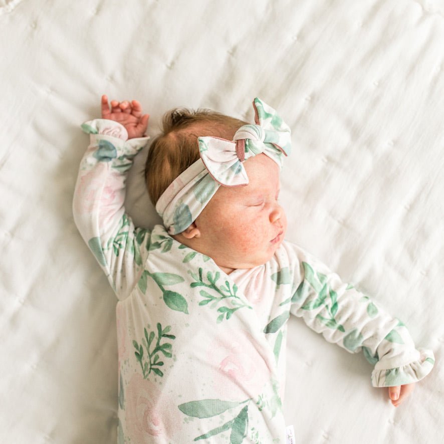 Adorable bow headwrap available in luxurious classic brushed  fabric with Blushing Eucalyptus design.