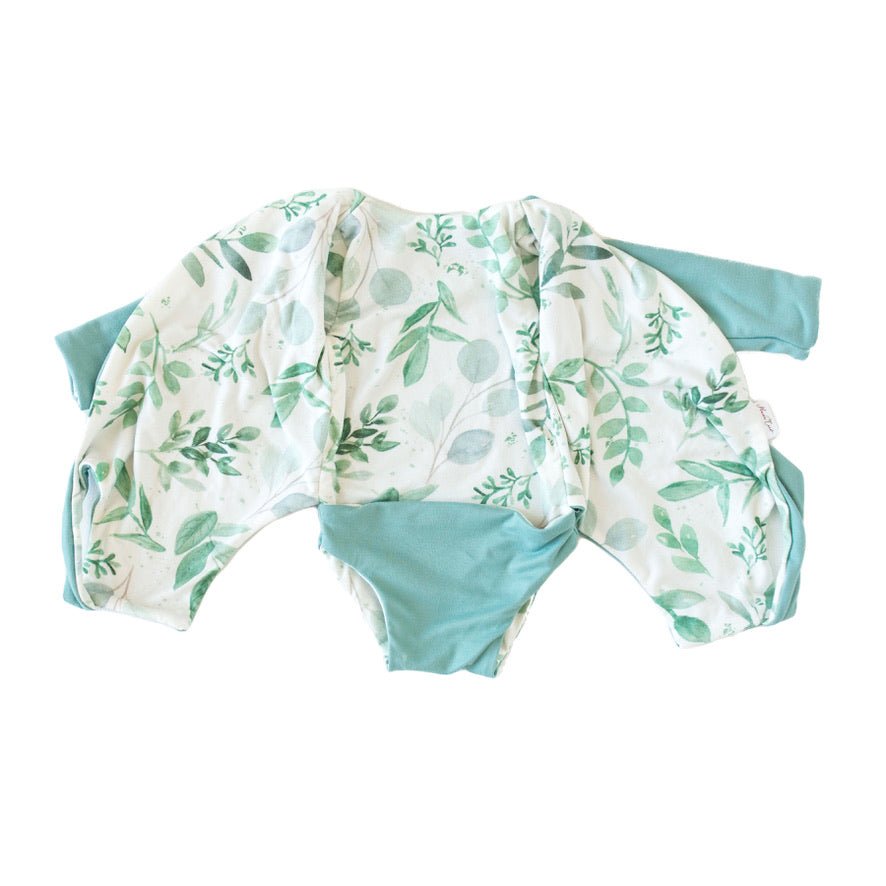 Saged Eucalyptus design winged bodysuit for babies in classic brushed fabric.