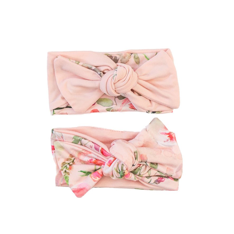 Premium Peachy Rose Fields bow headwraps designed for babies.