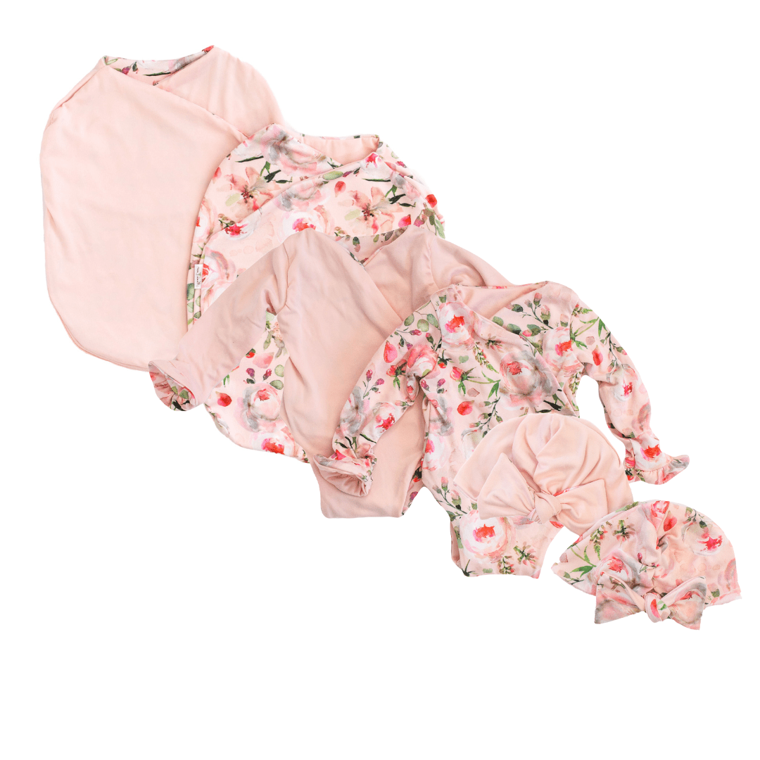 Classic brushed long sleeve newborn baby bundle, featuring adorable ruffle cuffs in peachy rose fields design.