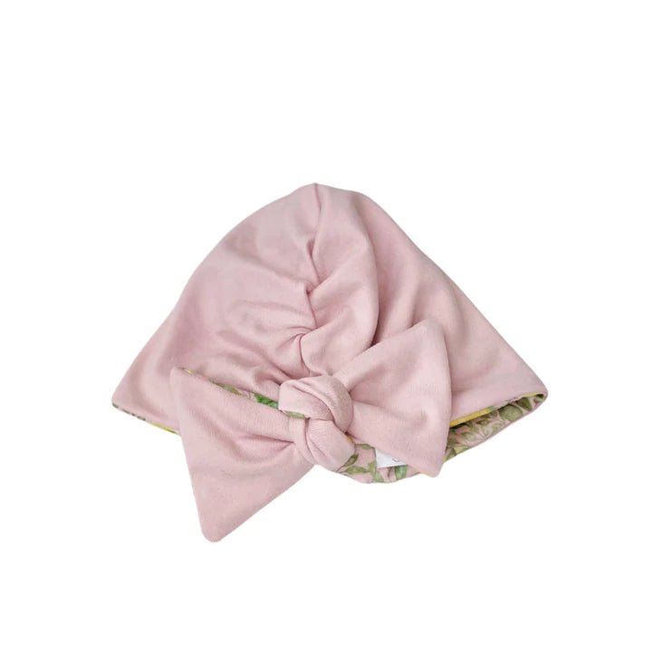 Reversible soft ruched baby beanie with bow made from classic brushed fabric in our Pink Lemonade design.