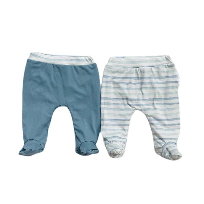 Reversible footie pants in chambray waves design.