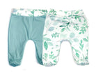 Reversible footie pants in saged eucalyptus design.