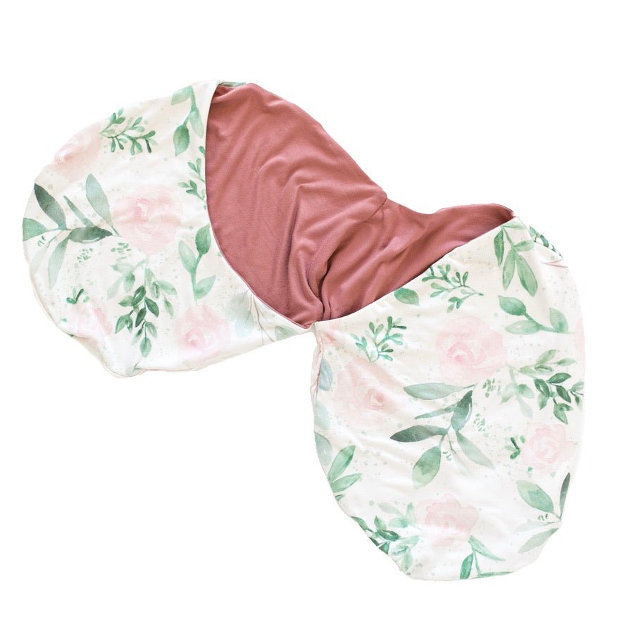 Reversible Blushing Eucalyptus design baby cocoon swaddle.