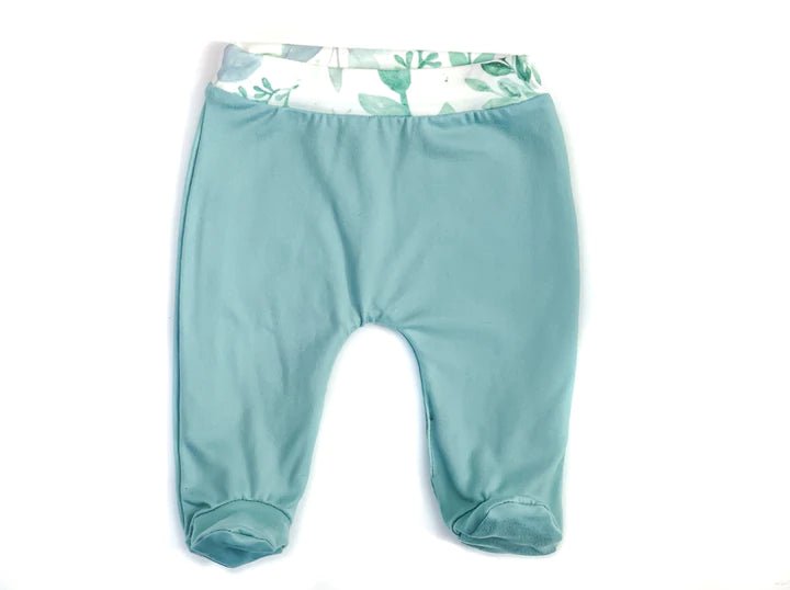 Reversible baby footie pants designed in bamboo cotton fabric featuring our Saged Eucalyptus design.
