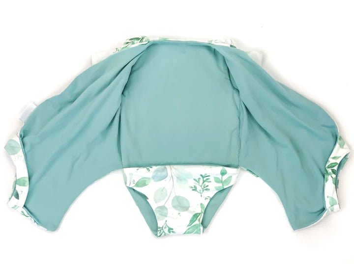 Soft classic brushed bodysuit featuring a reversible short-sleeve winged style in the Saged Eucalyptus design.