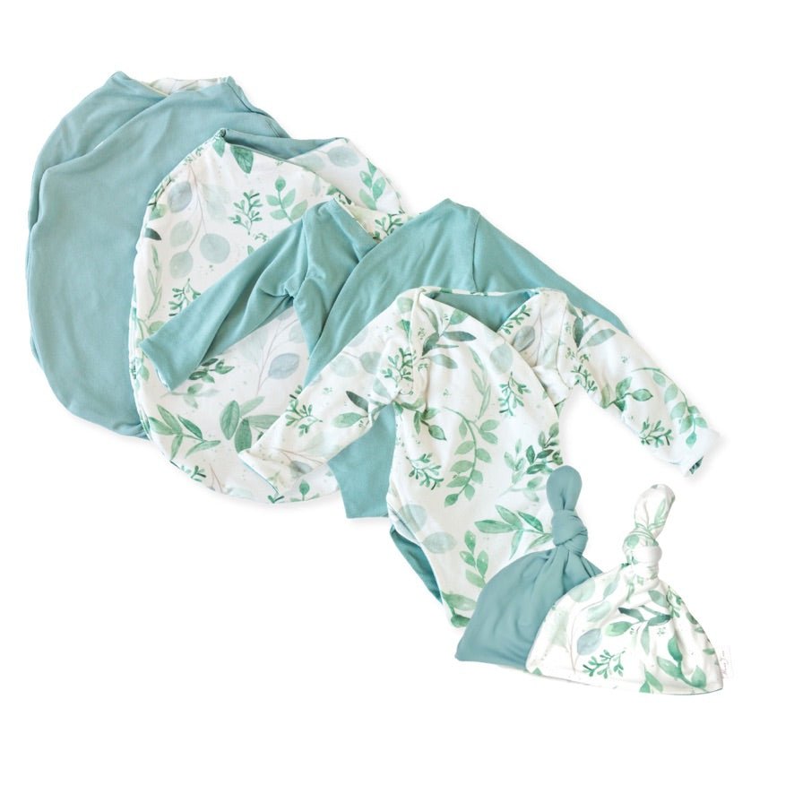 Newborn bundle with long sleeve essentials in classic brushed fabric with saged eucalyptus design.